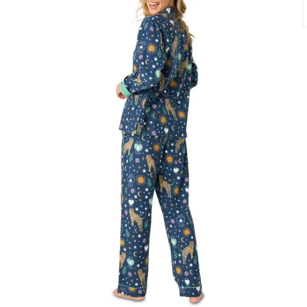 PJ Salvage Navy Celestial Print Button-Up Pajama Set with Mint Trim - Picture 2 of 12